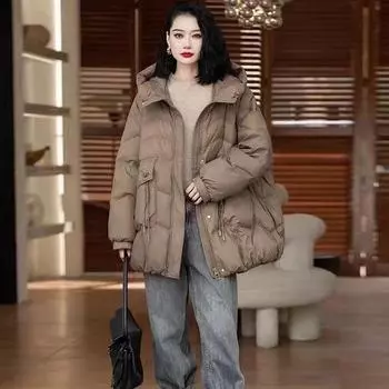 Ретро-пуховик средней длины для женщин, зимний модный дизайн, теплая белая утиная пуховая куртка с кисточками One size чёрный