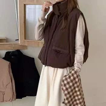 Ретро-пуховый жилет женский 2024 года, модный воротник-стойка, легкая и свободная верхняя одежда, жилет тыквенного цвета, прилив one size fits all темно-коричневого