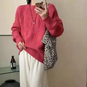 Ретро-пуловеры с круглым вырезом, вязаный свитер для женщин, осень и зима, новые свободные повседневные женские свитера, топы, элегантный однотонный простой женский джемпер 25641 One Size серый