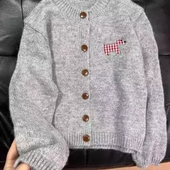 Retro puppy sticker soft glutinous sweater cardigan women s autumn and winter wear loose lazy wind knitted sweater top S/70-80 серый