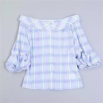 Retro Pure Cotton Puff Sleeves Gingham Shirt 7.23 L79638 Sweet Niche Design Young Adult Purple Tops Summer 1 Purple S