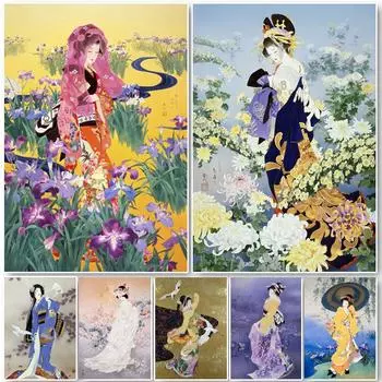 Ретро японская гейша женщина и цветок укиёэ аниме картины холст настенные художественные постеры и принты картинки для декора гостиной 21x30 No Frame