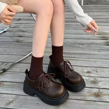 Ретро японские коричневые мокасины на толстой подошве, увеличивающие рост, кожаные женские туфли-лодочки, осень 2024, новые туфли Мэри Джейн на платформе в стиле Лолита 35 чёрный