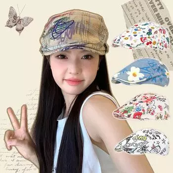 Ретро японский смешной граффити шляпа вперед женская летняя тонкая большая окружность головы показывающая лицо маленькая берет газетчик шляпа M56-58cm