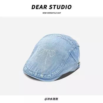 Ретро яркая джинсовая шляпа с ромбовидным бантом детская весенне-летняя милая и классная повседневная универсальная шляпа для маленького художника M56-58cm