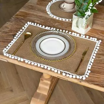 Retro Rectangular Placemats WIth Tassels Cotton Linen Heat-resistant Table Mats Washable Non-slip Dining Table Mats Mug Coaster