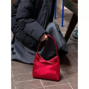 Retro Red Bridal Wedding Bag Handbags Women Korean Series Bow Retro Bucket Bag Niche Shoulder Bag Underarm Bag Red