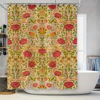 Retro Red Floral Shower Curtain Luxury Bath Decor with Green Leaf Pattern Perfect for Vintage Bathroom Design Polyester Fabric W 90x180cm