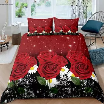 Retro Red Rose 3d Printed Quilt Cover Romantic Gift Bedding Set Quilt Cover Pillowcase Three-Piece Set 100% Polyester EU 135x200cm 2PCS