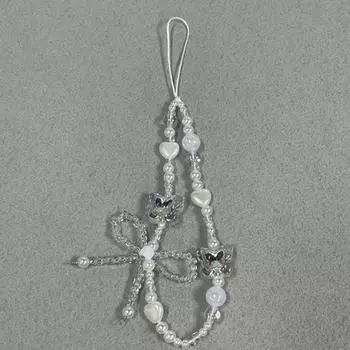 Ретро ремешок для телефона Белый бант с бабочкой из жемчуга Бусины из бисера Цепочка для телефона для камеры Подвесная веревка Анти-потеря шнурок Аксессуары