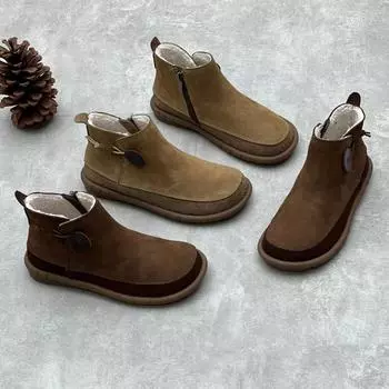 Ретро ретро зимние плоские женские зимние сапоги из коровьей кожи теплые плюшевые пожилые ботинки кожа 35 хаки