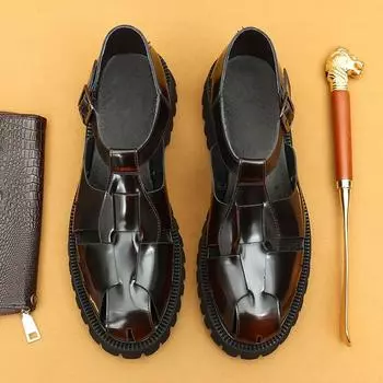 Ретро римские сандалии мужские летние толстые подошвы глянцевые деловые повседневные туфли и классные кожаные туфли 39 чёрный