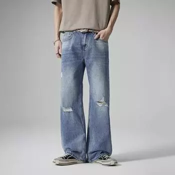 Retro Ripped Jeans Men s Straight Loose Long Draped Wide-leg Pants Men s Trendy Style S