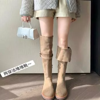 Сапоги до колена в стиле ретро с заклепками, женские, на толстом каблуке, из мягкой кожи и бархата, высокие рыцарские сапоги в стиле вестерн 35 коричневый