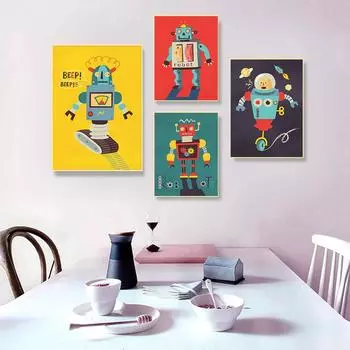 Ретро-постер с роботом, милый красочный детский художественный принт, мультяшная картина на холсте, скандинавская настенная картина, детская комната, декор для спальни мальчика 21x30cm No Framed