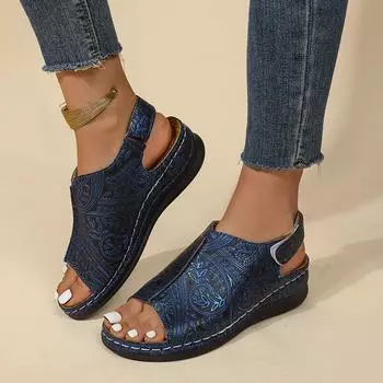 Ретро сандалии на танкетке большого размера с узором в виде качающихся линий женские 2024 лето новые сандалии на высоком каблуке с толстой подошвой женские 36 чёрный