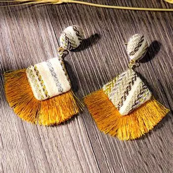 Ретро ромбическая веерная бахрома с кисточками, очаровательные тканые массивные серьги-гвоздики, женские украшения