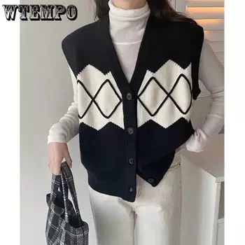 Ретро ромбовидная сетка свитер вязаный жилет весна и осень свободный женский жилет модная верхняя одежда S чёрный