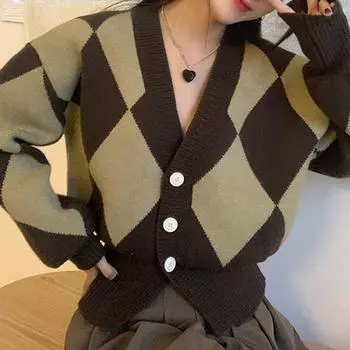 Ретро ромбовидный свитер куртка женская осень новый короткий дизайн V-образный вырез трикотажный кардиган топ женский One size