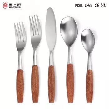 Ретро Роскошный Новый Китайский Тик Нержавеющая Сталь 304 Нож Вилка Ложка Цилиндрическое Дерево Груша Деревянная Ручка Западная Посуда Твердая Древесина коричневый
