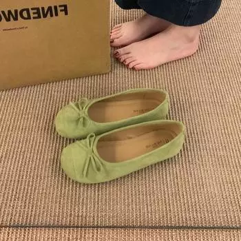 Retro round head flat-soled ballet shoes single shoes women s shoes 2025 new spring and autumn bow gentle evening shoes 35 абрикосовый