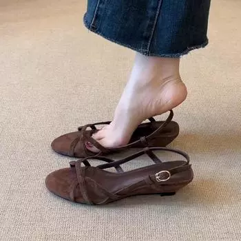 Retro round head hollow niche design open-toed sandals women s soft-soled commuter wedges 35