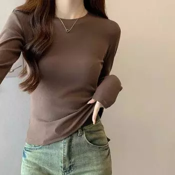 Retro round neck long-sleeved T-shirt for women in autumn and winter new basic style slim fit short bottoming shirt top S
