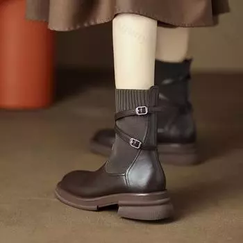 Retro Round Toe Belt Buckle Women s Sock Boots 2024 New Soft Leather Thick Soled Shoes Knitted Elastic Slim Women s Ankle Boots 35 чёрный