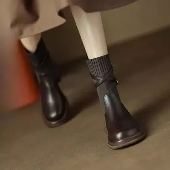 Retro Round Toe Belt Buckle Women s Sock Boots 2024 New Soft Leather Thick Soled Shoes Knitted Elastic Slim Women s Ankle Boots 35 чёрный