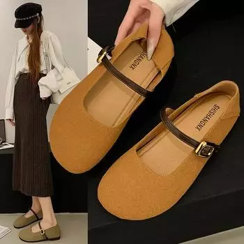 Retro Round Toe Mary Jane Shoes for Women 2024 Autumn Soft Comfortable Women s Flat Shoes Fashion Versatile Shallow Mouth Shoes 35 бежевый