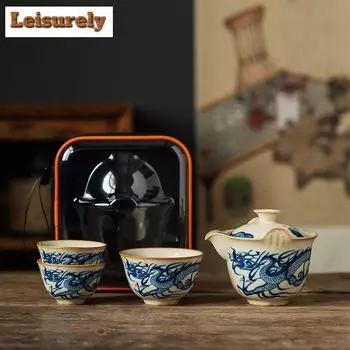 Ретро Ru Kiln Fly Dragon Чайный сервиз Комплект Древний 1 горшок 3 чашки Бытовая заварка для чая Пикник Кемпинг Переносной органайзер Сумки Принадлежности