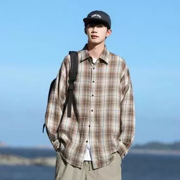 Ретро-рубашка мужская верхняя одежда, не требующая глажки, клетчатая рубашка на весну и осень, сложенная внутри, подростковая рубашка, куртка M коричневый
