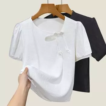 Ретро рубашка с косым вырезом шифона для женщин новая женская футболка с короткими рукавами в китайском стиле дизайн косой брючный топ S белый
