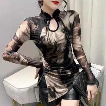 Ретро-рубашка с принтом на пуговицах для женщин на осень и зиму в китайском стиле, топ-чонсам, сетчатая футболка с длинными рукавами M зелёный