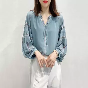 Ретро рубашка с вышивкой, женская блузка, лето 2023, новая мода, корейская версия, облегающая блузка с семью рукавами и вышивкой для отдыха