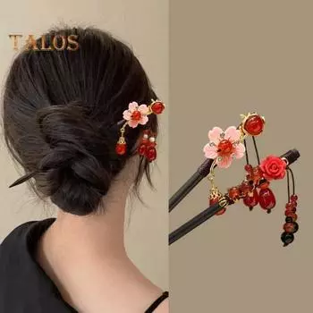 Ретро ручная работа, китайская деревянная палочка для волос с кисточкой, дизайн, цветочные бусины, декор, палочки для еды, лошадь, юбка, аксессуар A