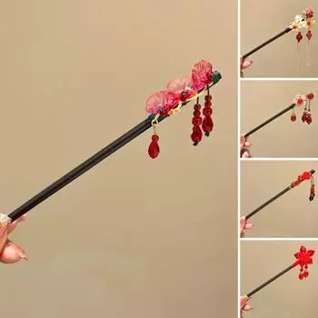 Ретро ручная работа, китайская деревянная палочка для волос с кисточкой, дизайн, цветочные бусины, декор, палочки для еды, лошадь, юбка, аксессуар A