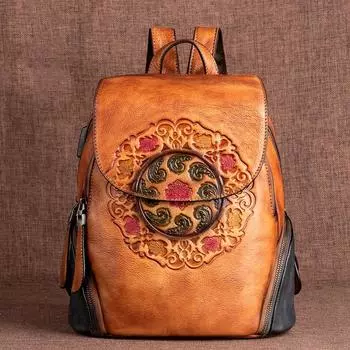 Ретро-рюкзак из натуральной кожи с большой вместительной сумкой из телячьей кожи растительного дубления с принтом
