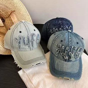 Ретро рваная шляпа от солнца показывает лицо утиный язык поющий прилив весна лето новая джинсовая бейсболка M56-58cm чёрный