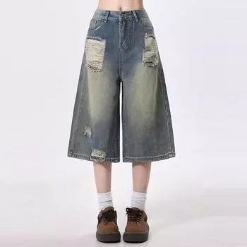 Ретро рваные джинсовые шорты для женщин мешковатые джинсы Seven Point, трендовая одежда Y2k Streetwear Лето S синий