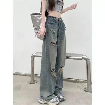 Ретро рваные джинсы для женщин на лето тонкие для фигуры типа «груша» большого размера свободные облегающие с высокой посадкой узкие прямые брюки S