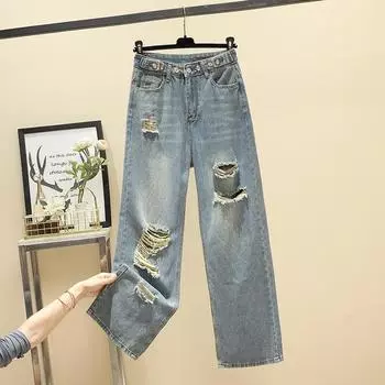 Ретро рваные широкие джинсы для женщин новый стиль свободные большого размера для полных девушек маленькие клеш прямые брюки S синий