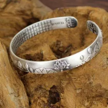 Ретро S999 Серебряный браслет с изображением лотоса и Будды, ручной серебряный браслет, женский подарок в виде лотоса, серебряный браслет для матери, ювелирные изделия, подарок на день матери Adjustable size