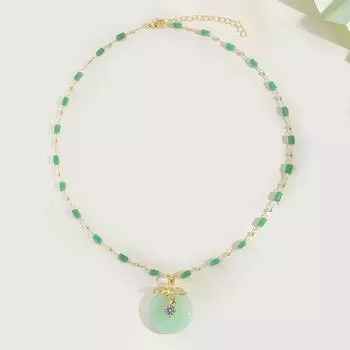 Retro Safety Buckle Necklace Female Court Ethnic Style Versatile Temperament Inlaid Jade Collarbone Chain Jewelry
