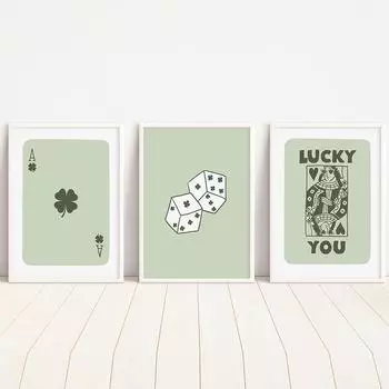 Retro Sage Green Trendy Lucky You Wall Art Prints Ace Card Poker Dice Canvas Painting Poster Pictures For Living Room Home Decor 21x30cm No Framed