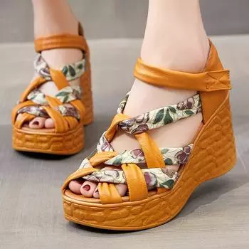 Ретро-сандалии, новинка 2024 года, лето 2024, удобная женская обувь на платформе из натуральной кожи в богемном стиле на толстой подошве 39 бежевый