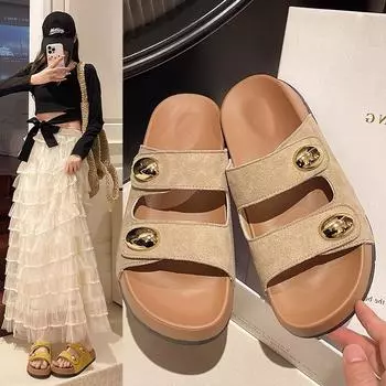 Ретро сандалии тапочки женские летние повседневные толстые подошвы одно слово перетащите женские сандалии отпуск пляжная обувь модные женские летние дышащие туфли 35