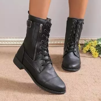 Ретро-сапоги для женщин 2024 года, зимние новые, популярные, универсальные и удобные, большого размера, короткие сапоги, рыцарские сапоги на толстом каблуке 35 чёрный