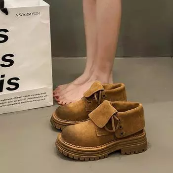 Ретро-сапоги-клапаны женские осенние толстые подошвы двухслойные короткие сапоги рабочая одежда сапоги из ревеня модные и удобные 35 бежевый