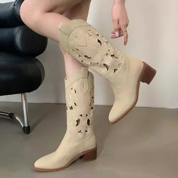 Ретро-сапоги в стиле вестерн с острым носком до середины голени, женские, из натуральной коровьей замши, полые, без застежек, на толстом высоком каблуке, рыцарские туфли, британская современная обувь 35